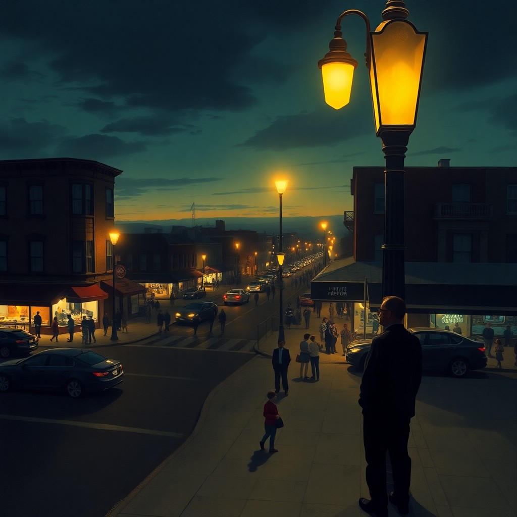 AI generated art for prompt: In the evocative style reminiscent of Edward Hopper's work, depict a city street corner bustling wit