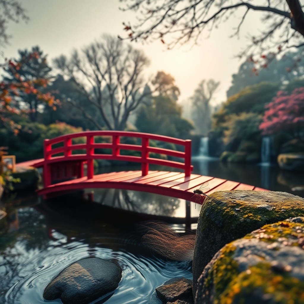 AI generated art for prompt: Envision a tranquil Japanese garden bathed in the soft light of dawn, reminiscent of the serene land