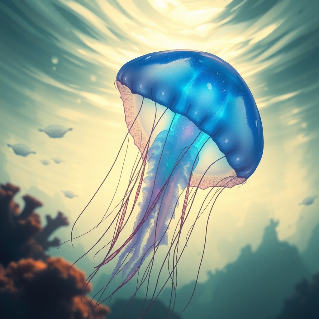 AI generated art for prompt: A captivating digital artwork portrays an enchanting underwater vista from a jellyfish's vantage poi