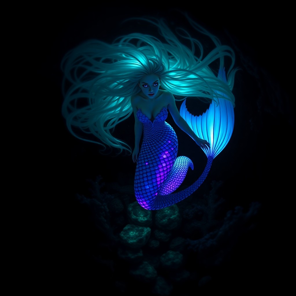 AI generated art for prompt: An enigmatic mermaid with flowing blue-green hair and hauntingly beautiful eyes navigates through a 