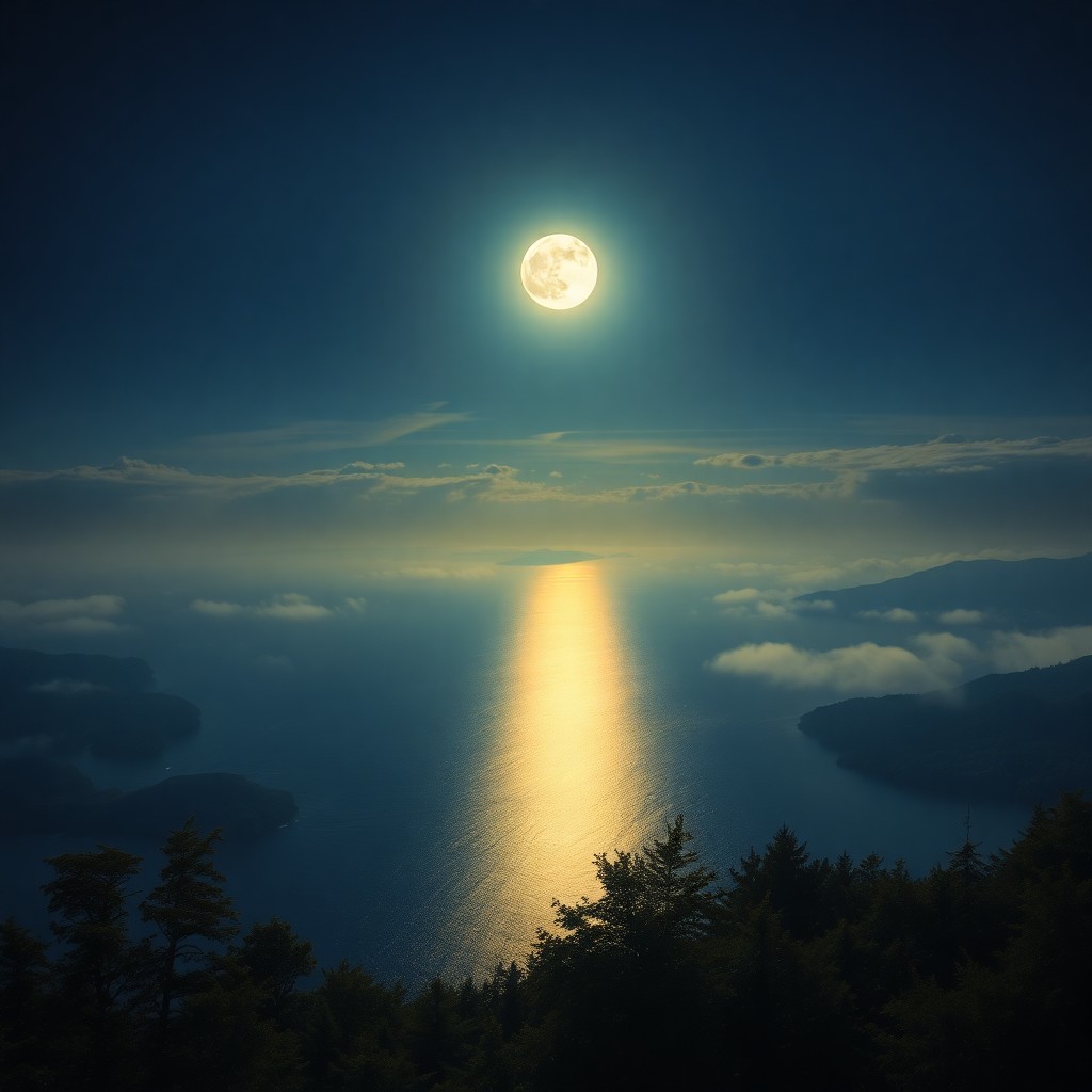 AI generated art for prompt: A serene seascape is illuminated under the spellbinding glow of a full moon, casting an enchanting l