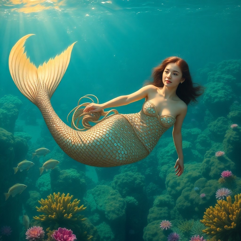 AI generated art for prompt: A portrait of an ethereal mermaid navigating through a mesmerizing underwater realm, reminiscent of 