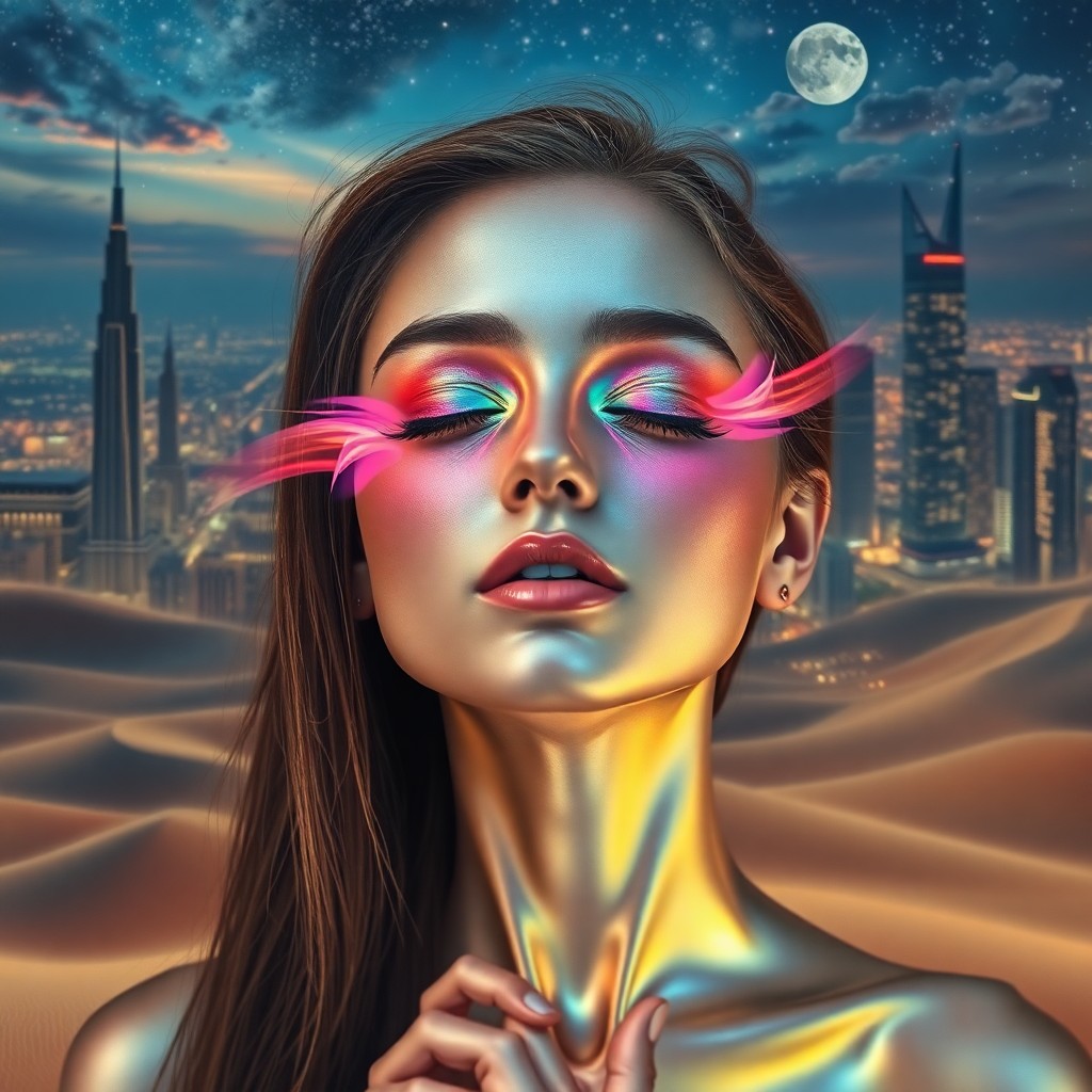 AI generated art for prompt: A surreal portrait in the style reminiscent of melting clocks, featuring a young woman with skin tha