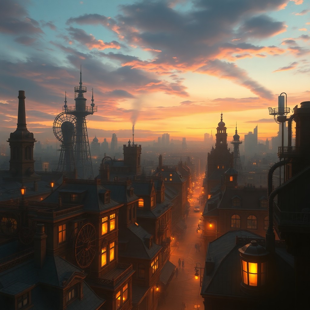 AI generated art for prompt: Imagine a captivating steampunk cityscape bathed in the soft light of twilight. This urban landscape