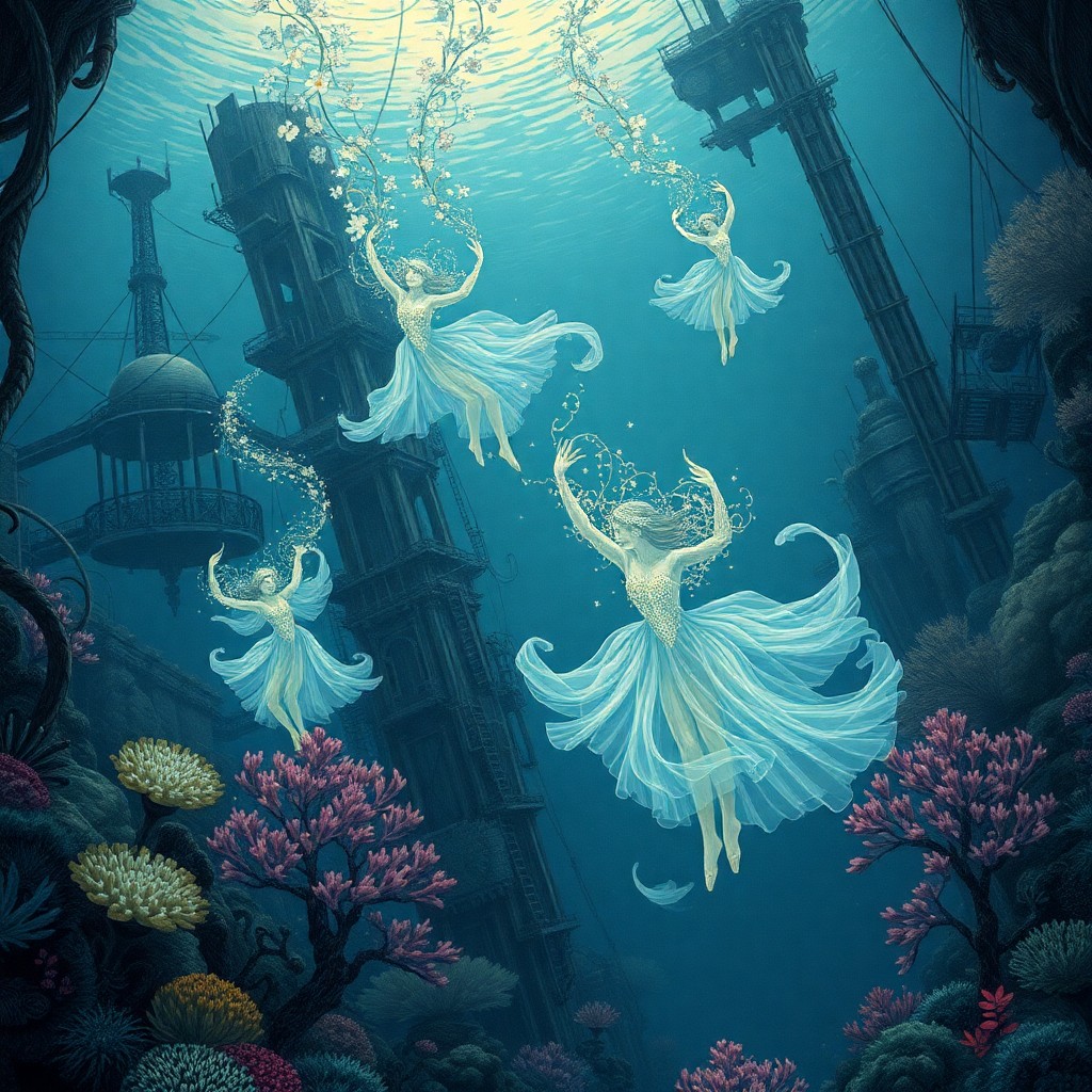 AI generated art for prompt: Imagine an enchanting underwater ballet performed by ethereal dancers in a pen-and-ink illustration 