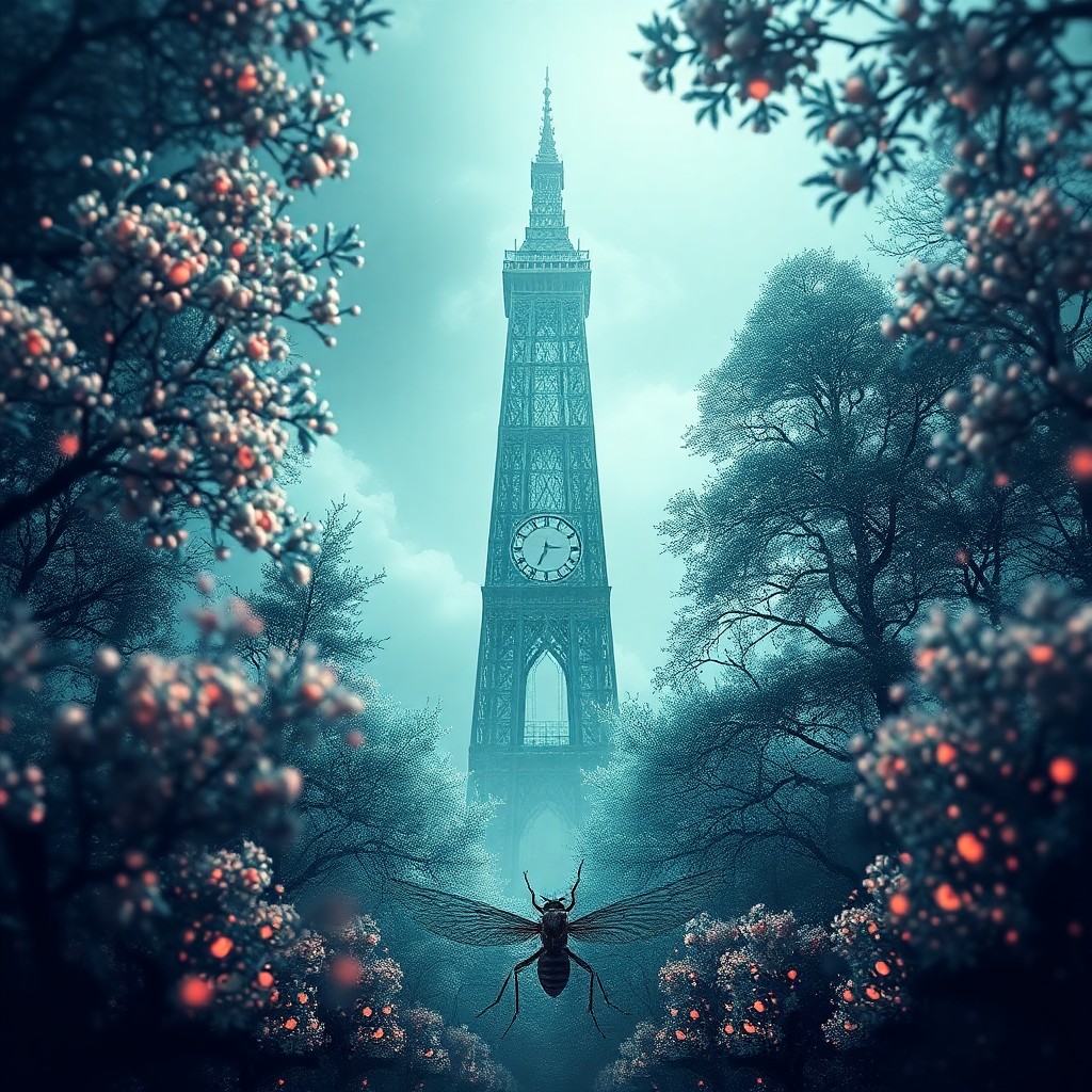 AI generated art for prompt: Craft an ethereal digital artwork influenced by surreal landscapes, depicting a towering tower domin