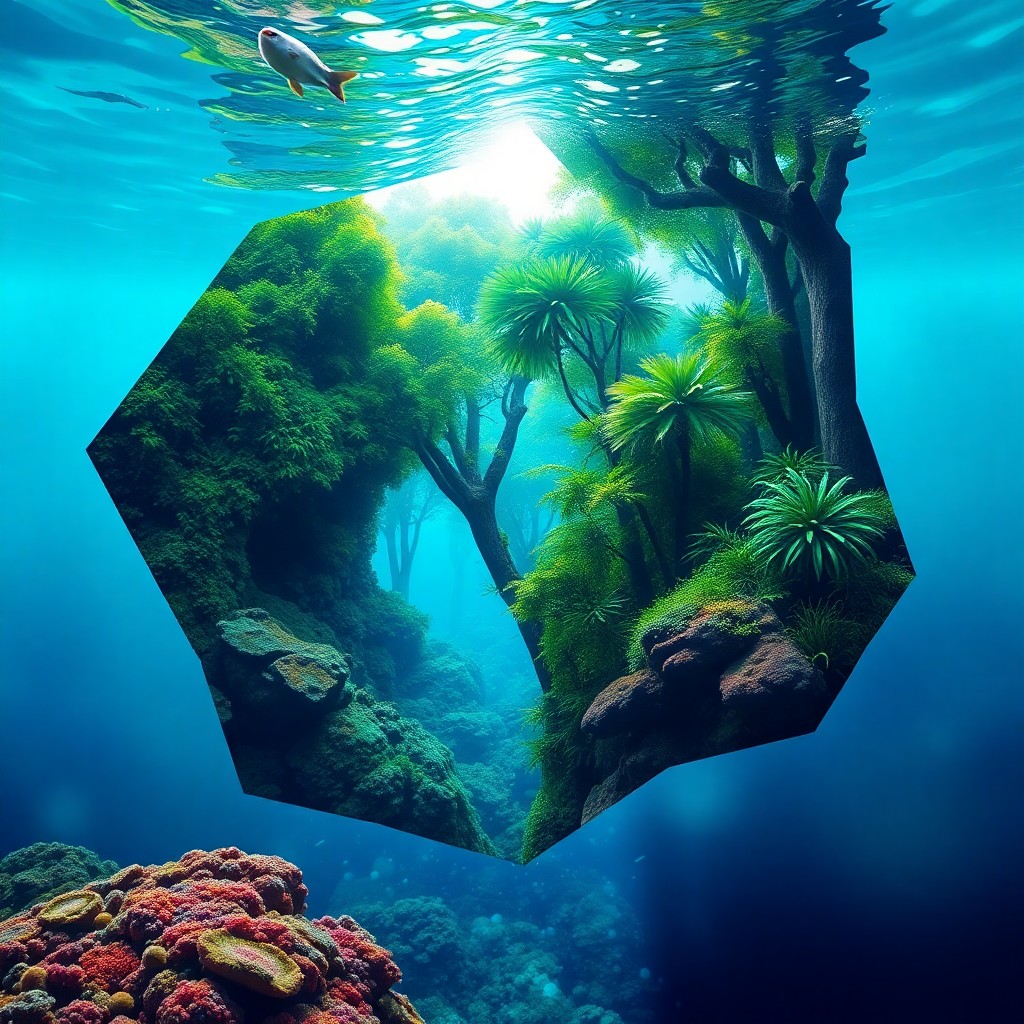 AI generated art for prompt: A captivating digital artwork fuses an underwater realm with a verdant jungle, reminiscent of Picass