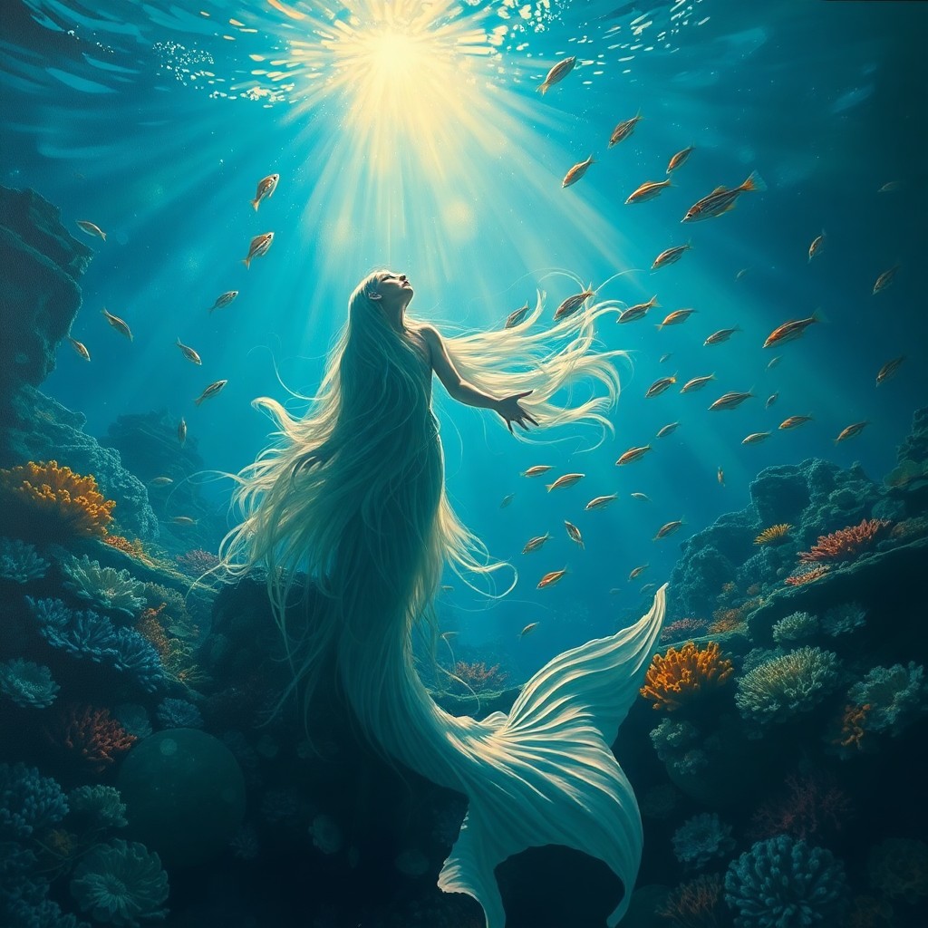 AI generated art for prompt: A mesmerizing oil painting captures an enchanting underwater scene, reminiscent of John William Wate