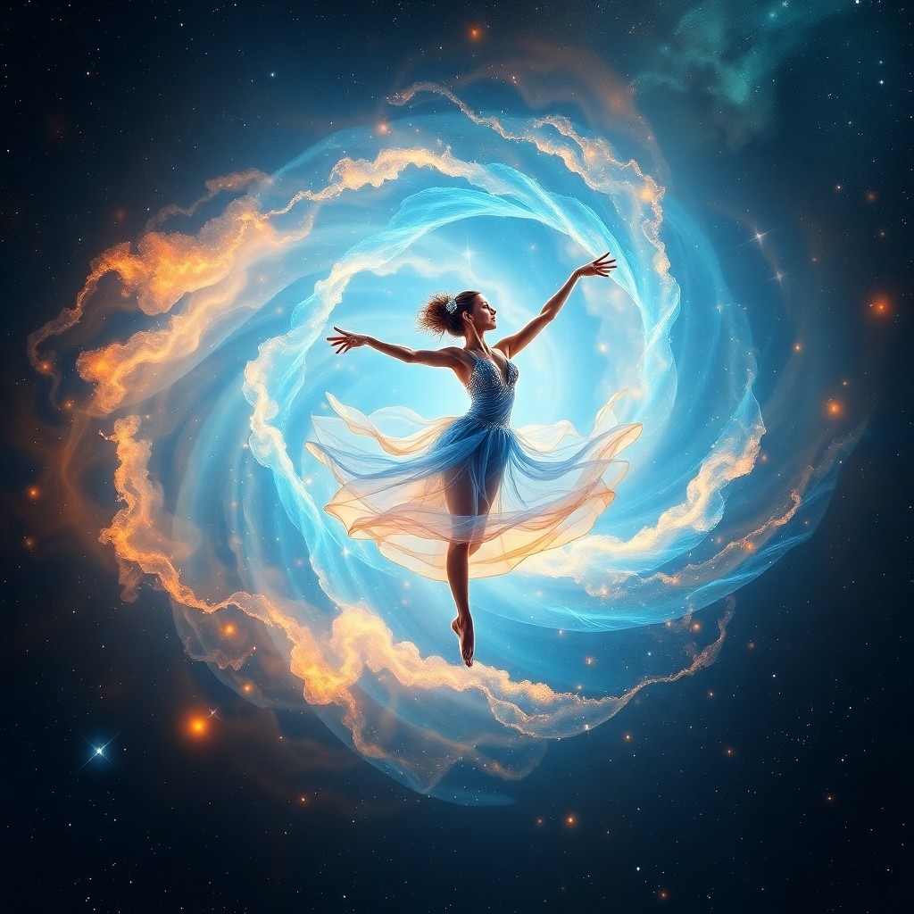 AI generated art for prompt: A mesmerizing digital artwork portrays a celestial performer gracefully pirouetting within a nebula 