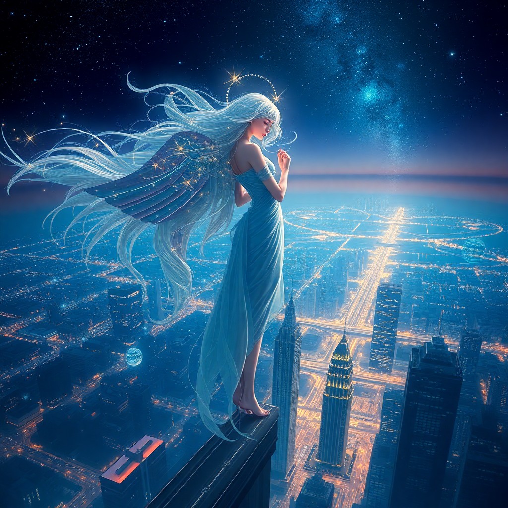 AI generated art for prompt: An enchanting digital art portrait depicting a celestial being with flowing hair resembling starligh