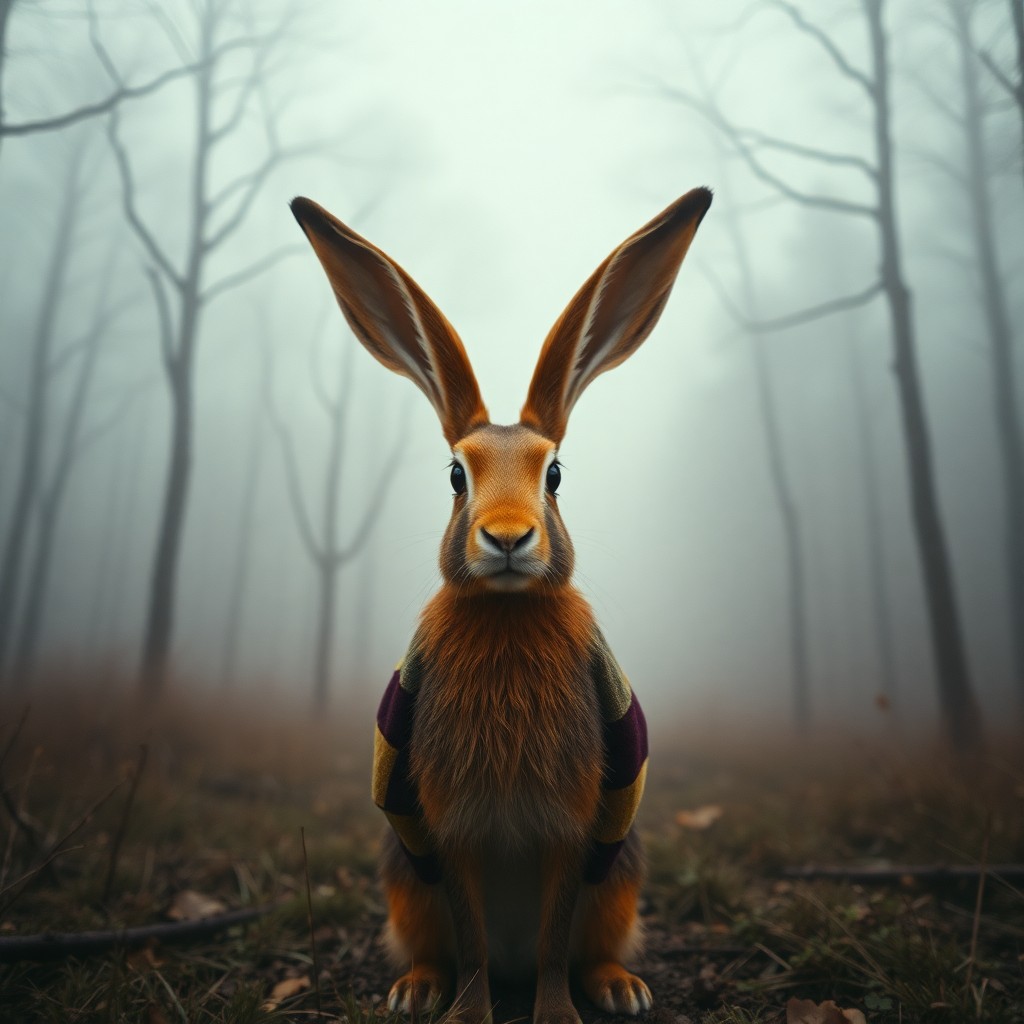 AI generated art for prompt: A whimsical yet eerie portrait captures an enigmatic creature with overlong ears and patchwork coat 