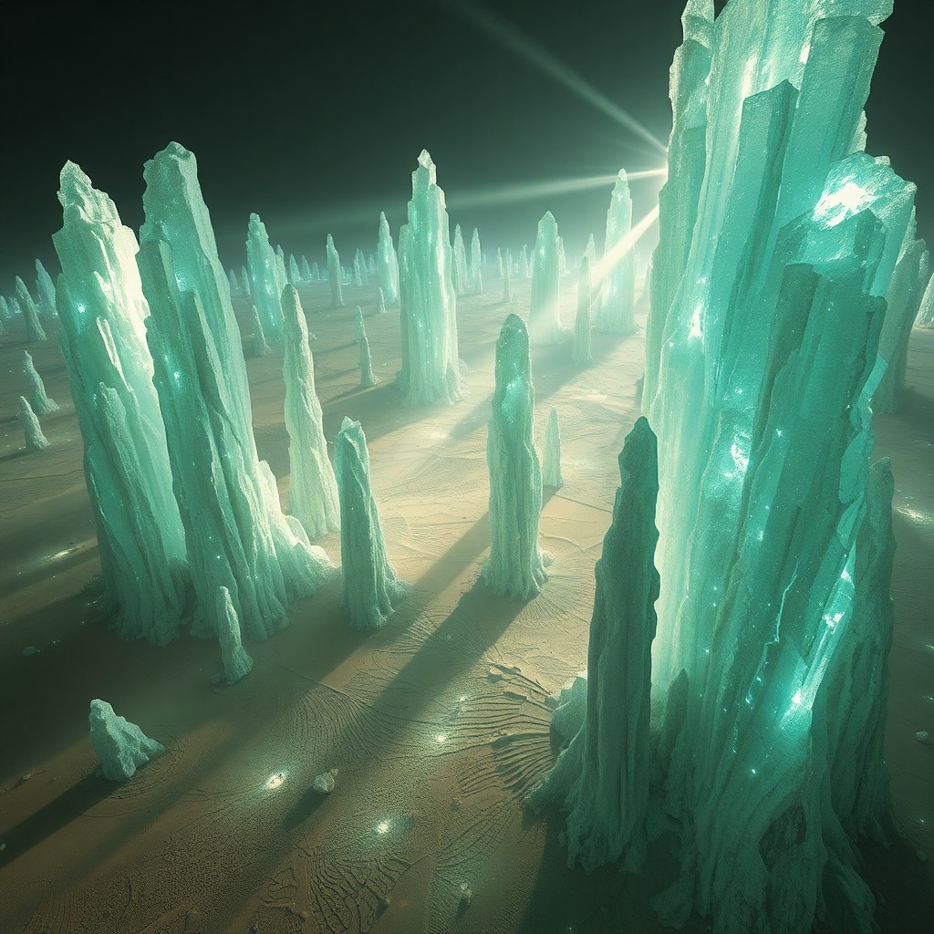 AI generated art for prompt: Imagine an ethereal landscape where towering crystalline formations emit captivating prismatic light