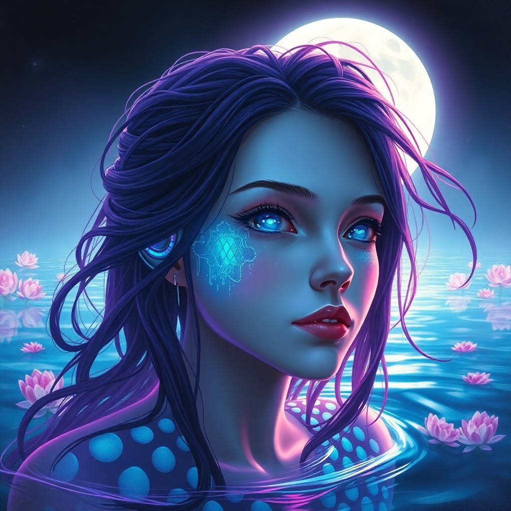 AI generated art for prompt: A surreal portrait of an android mermaid, her luminescent scales shimmering in hues of cyan and viol