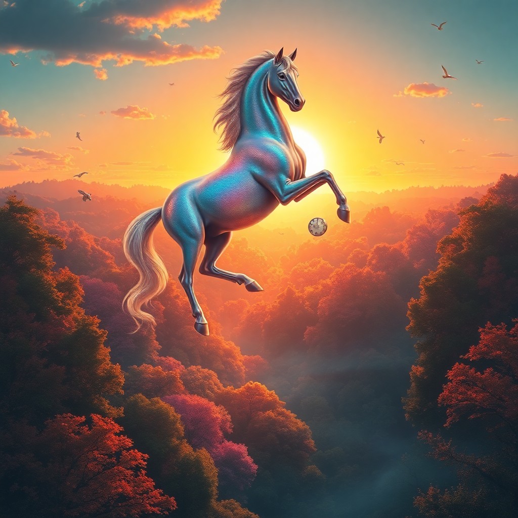 AI generated art for prompt: Picture a mesmerizing vista where an awe-inspiring, iridescent equine ascends gracefully over a magi