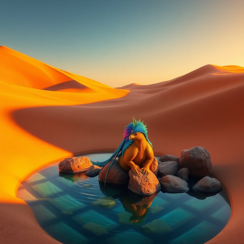 AI generated art for prompt: A digital painting in photorealistic 3D depicts a tranquil desert sanctuary at twilight, captured fr