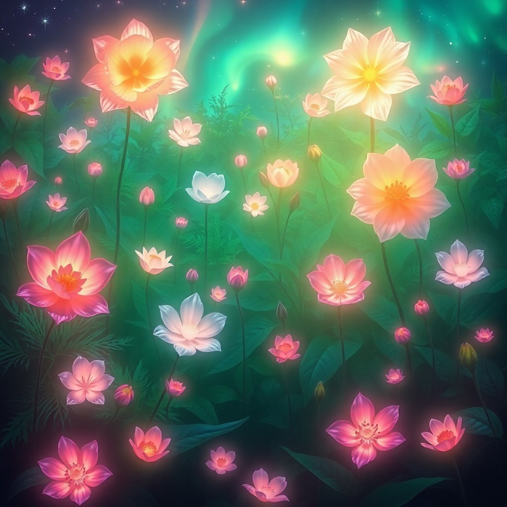 AI generated art for prompt: Craft an alluring digital artwork depicting an enigmatic garden aglow with celestial auroras. The sc