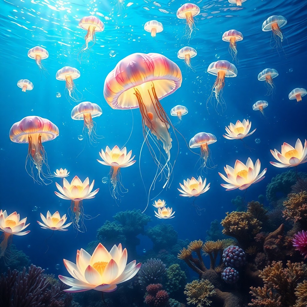 AI generated art for prompt: An enchanting underwater scene depicts a surreal fusion of floating gardens that seem to defy gravit