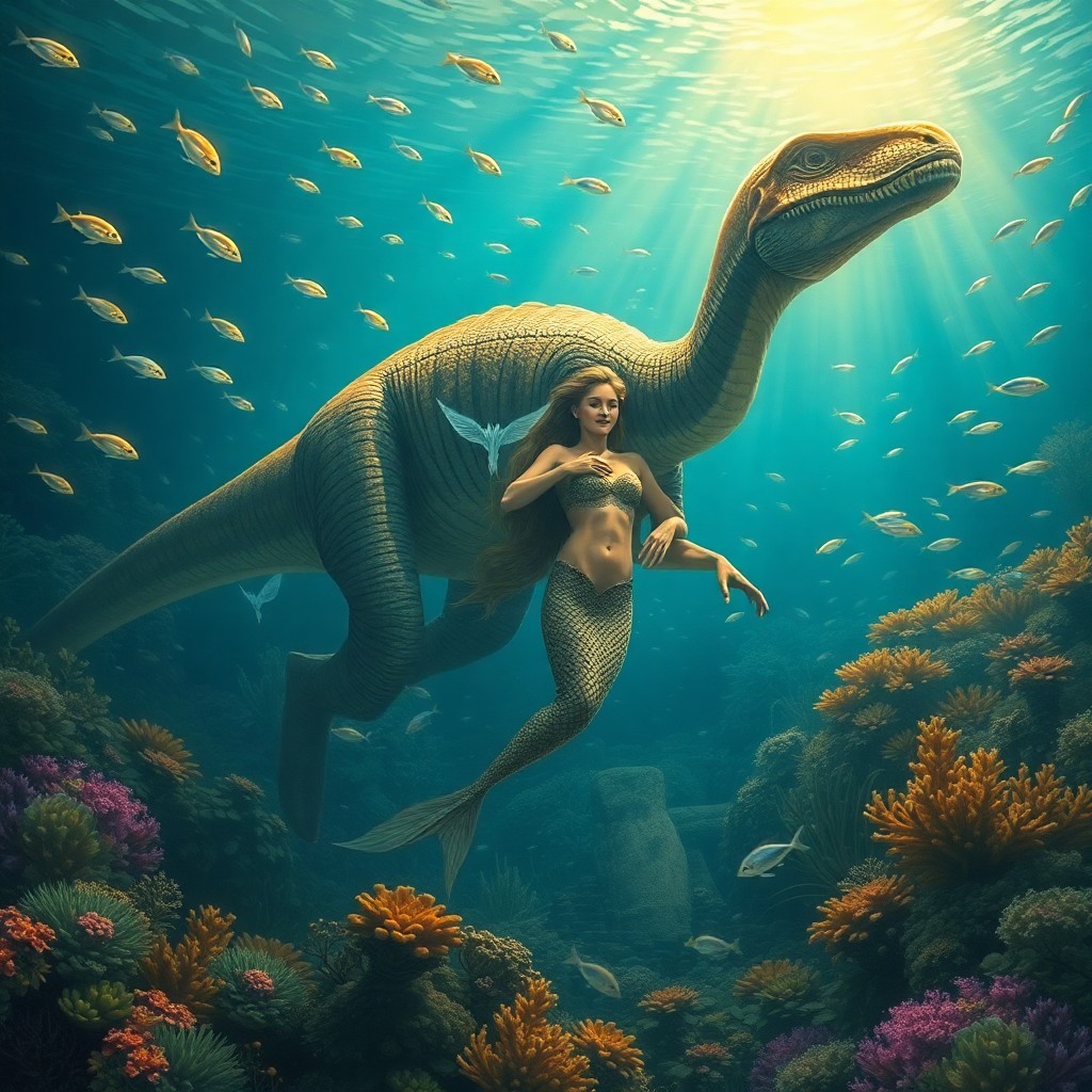 AI generated art for prompt: Craft an enchanting underwater tableau reminiscent of James Gurney's Dinotopia, depicting a tranquil