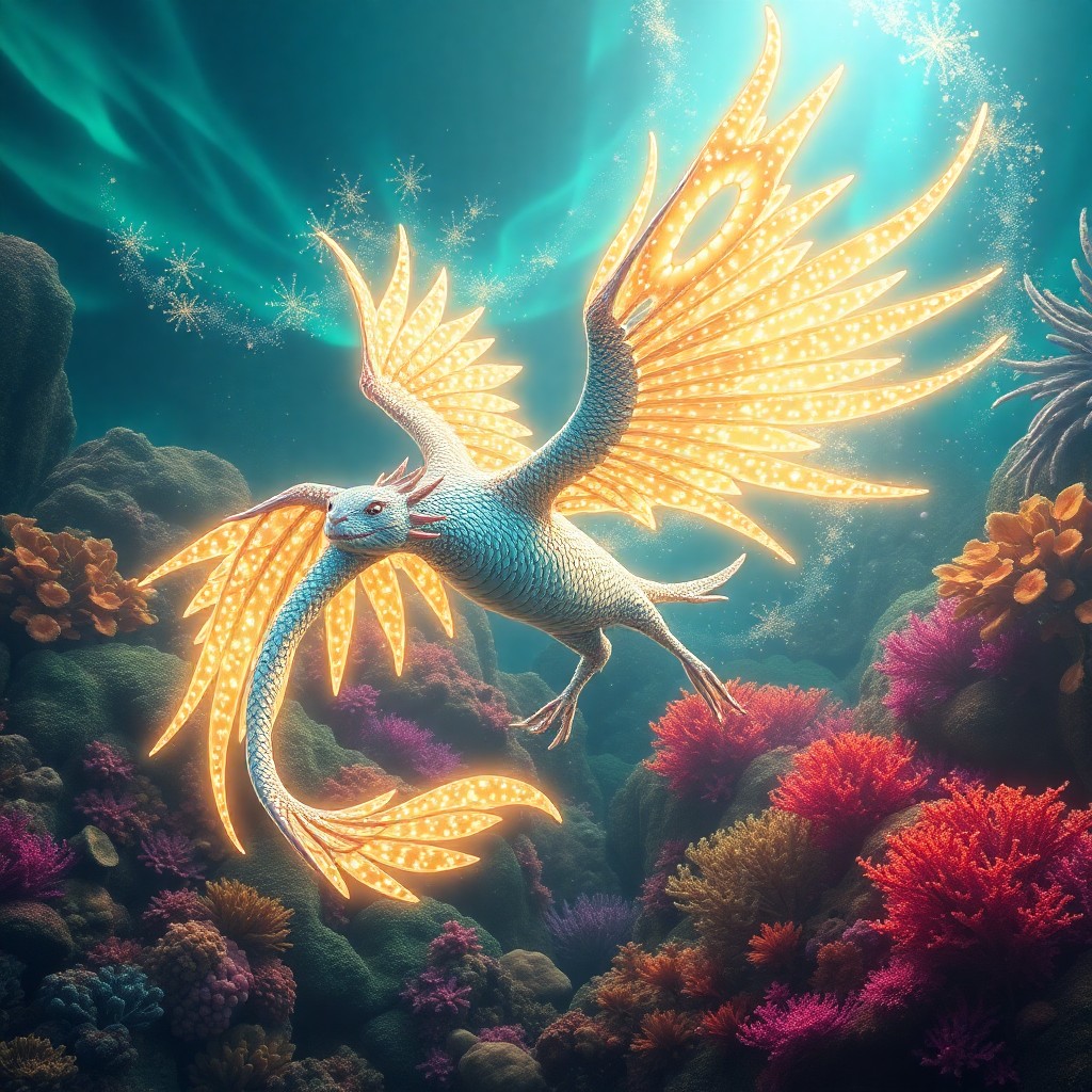 AI generated art for prompt: A captivating digital artwork depicting an enchanting underwater realm where a magnificent winged be