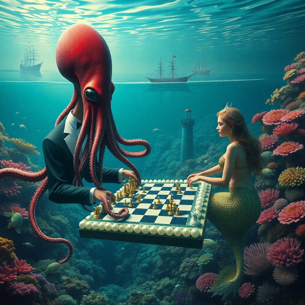 AI generated art for prompt: An enchanting underwater scene depicting a surreal encounter between a regal giant squid adorned wit