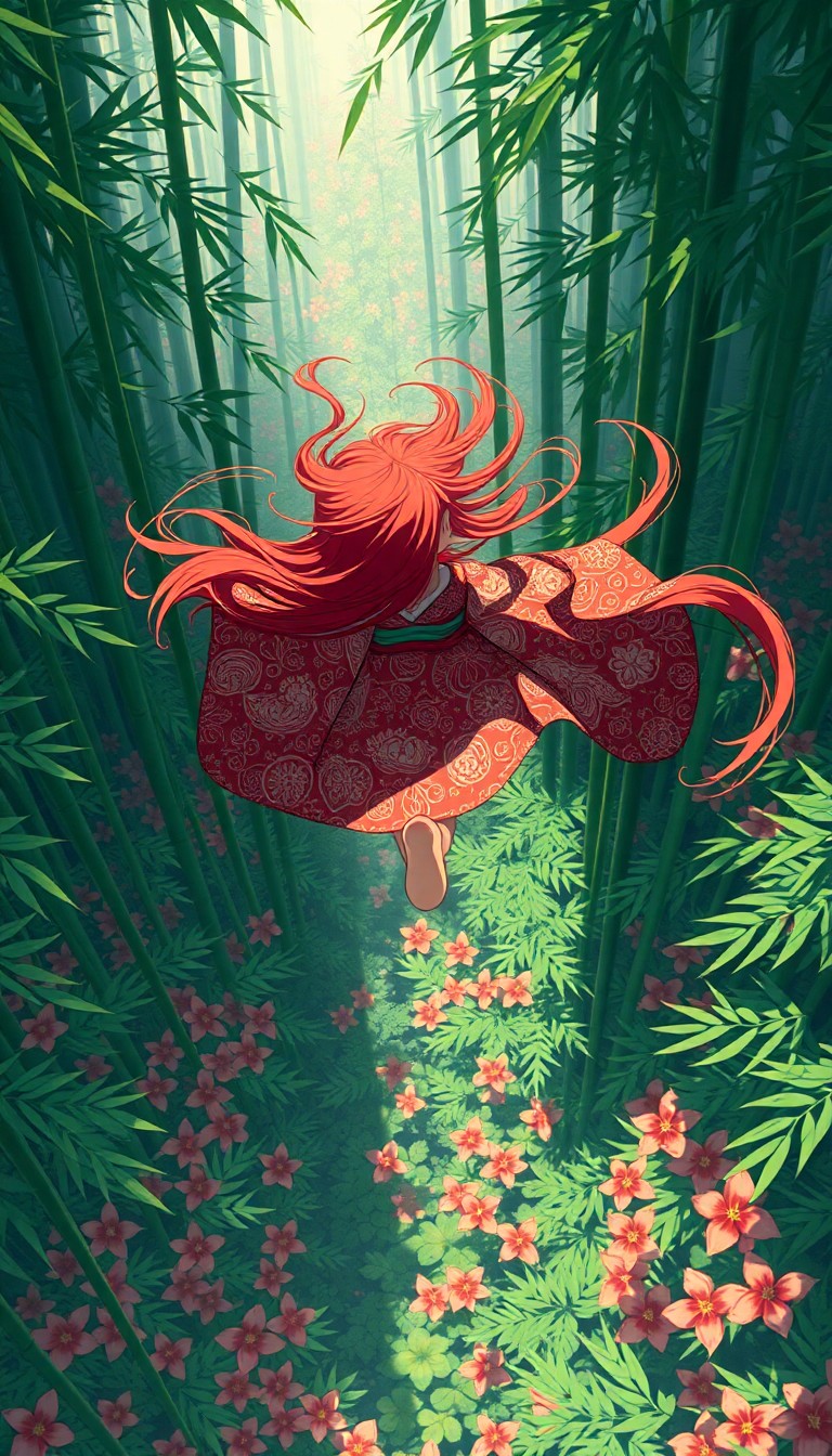 AI generated art for prompt: An enchanting digital artwork captures a young girl soaring through an otherworldly bamboo forest, r