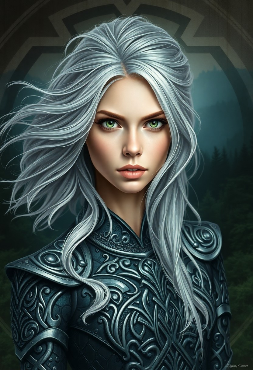 AI generated art for prompt: A striking portrait of an enigmatic female figure with flowing silver hair and intense green eyes, h