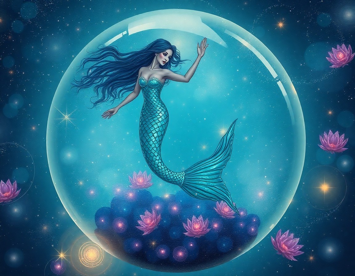 AI generated art for prompt: A mesmerizing aquatic scene showcases a graceful mermaid dancing on an otherworldly bubble filled wi