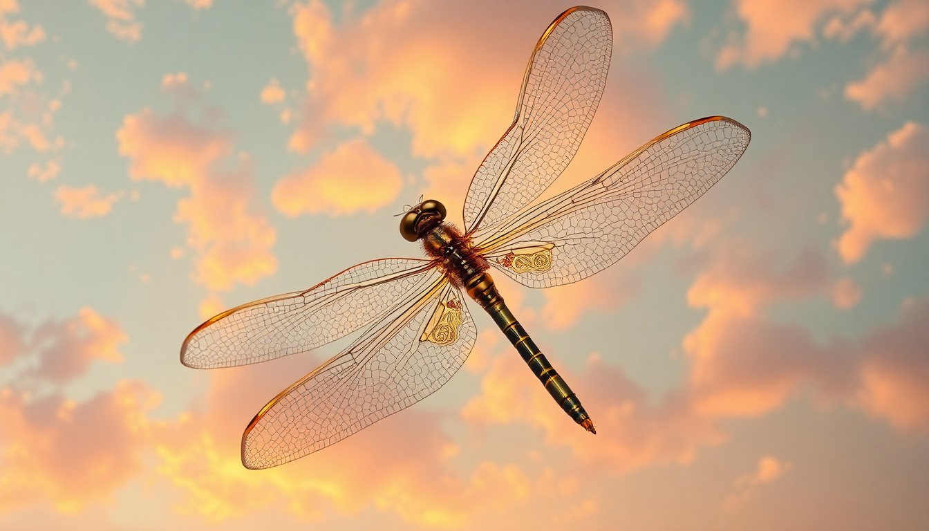 AI generated art for prompt: A portrait of an elegant dragonfly, adorned with intricate golden patterns reminiscent of Haeckel's 