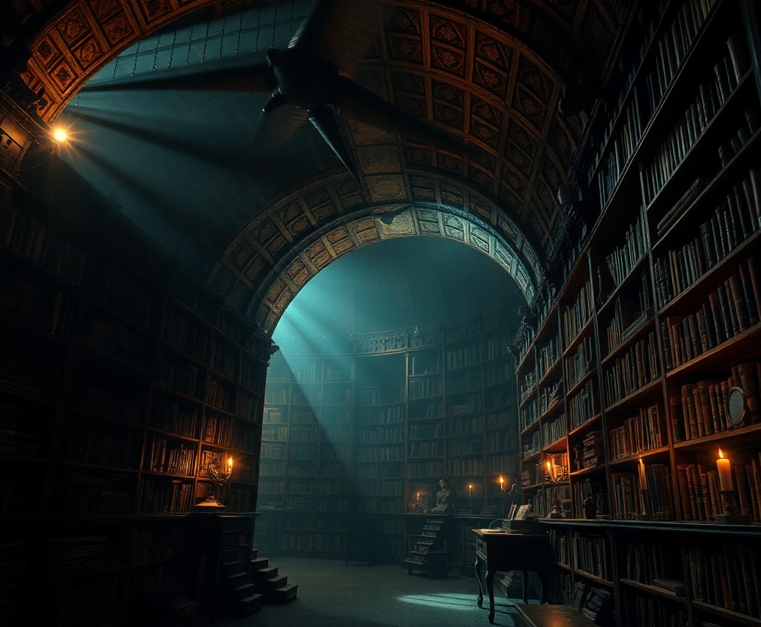 AI generated art for prompt: An enigmatic scene unveils an underground library hidden beneath city streets, reminiscent of surrea