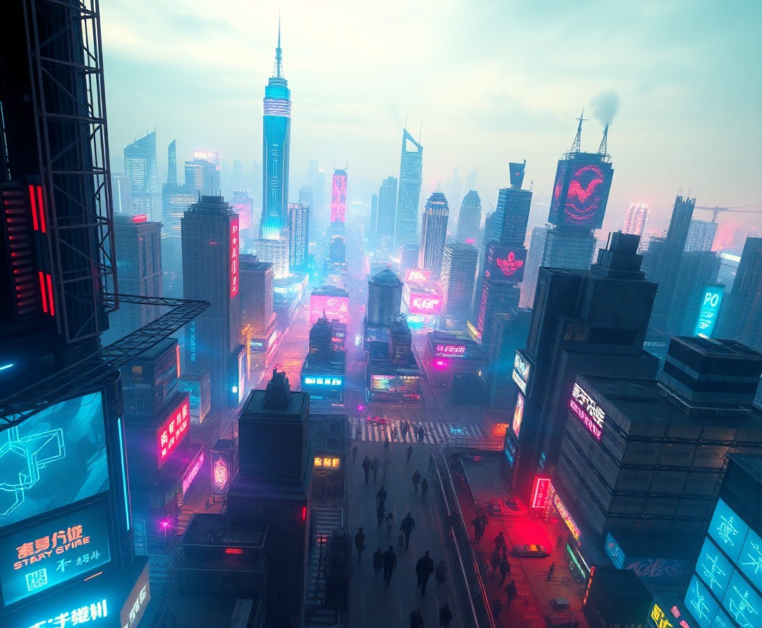 AI generated art for prompt: A vivid digital artwork showcasing an expansive cyberpunk cityscape from an elevated aerial viewpoin