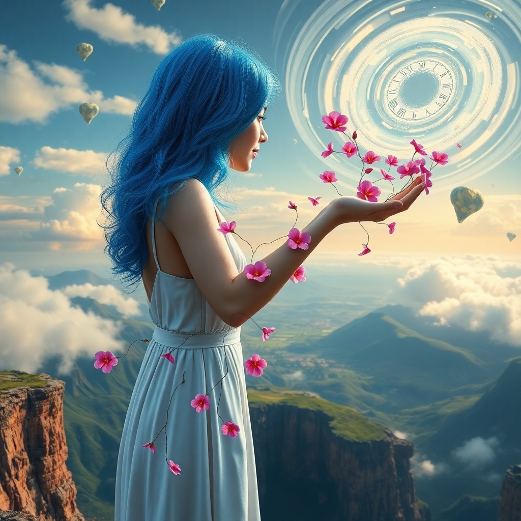 AI generated art for prompt: A captivating digital artwork, this surreal scene depicts a woman with vivid blue hair standing on t