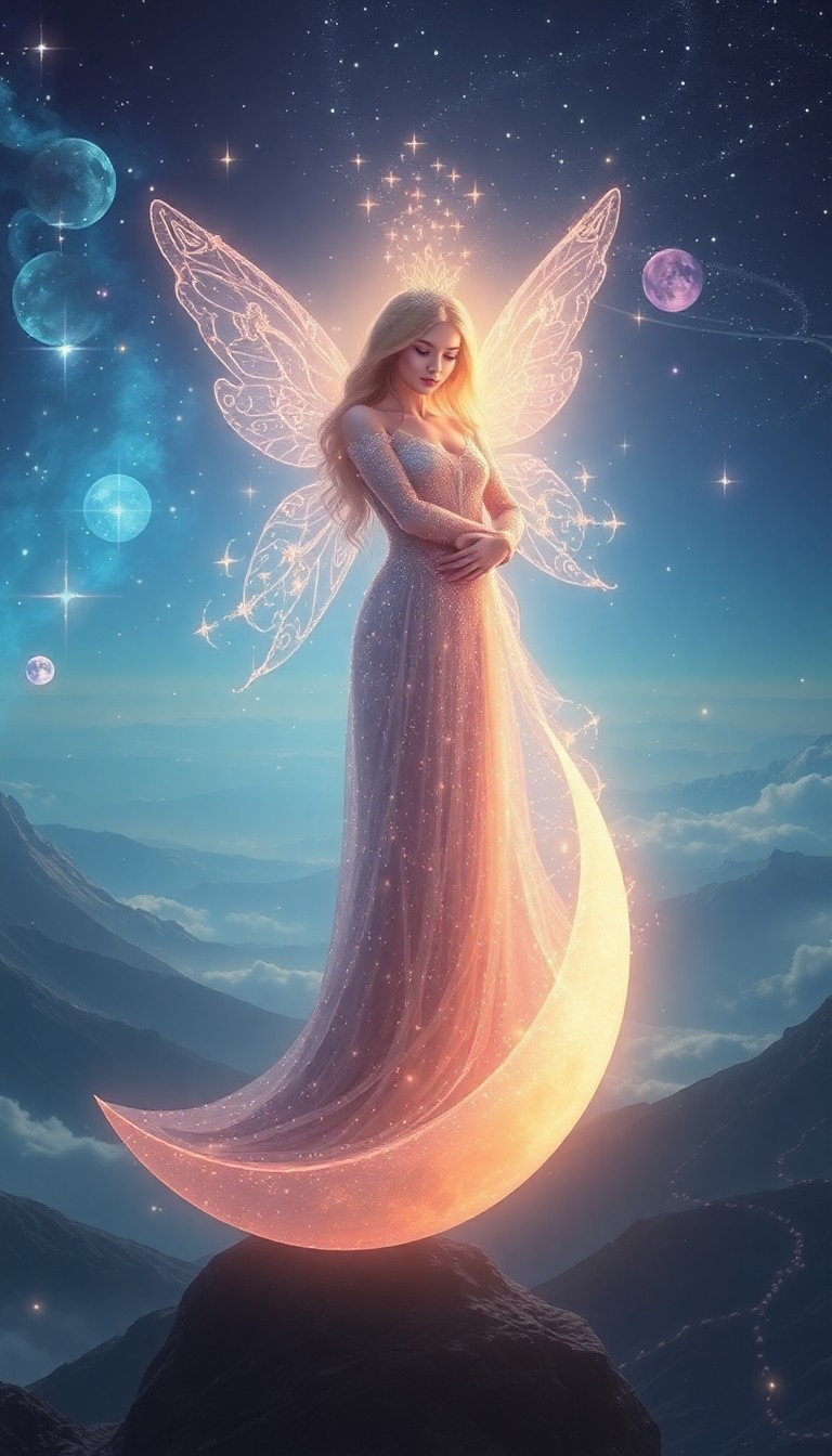 AI generated art for prompt: A mesmerizing digital artwork portraying an celestial fairy queen adorned with a radiant, shimmering