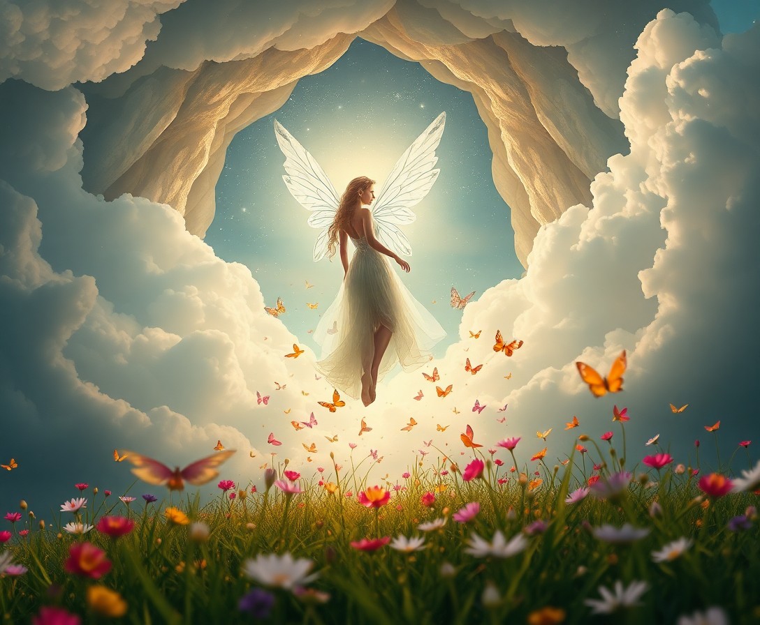 AI generated art for prompt: A digital artwork in photorealistic style depicts an otherworldly fairy emerging from a celestial cr