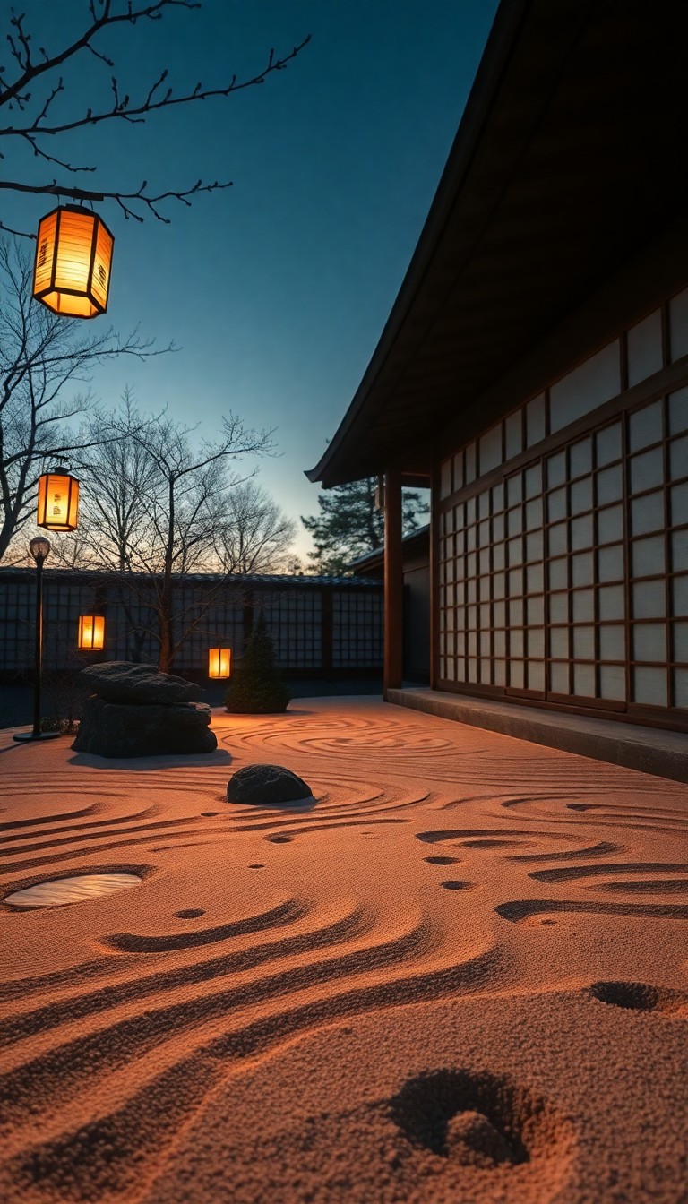 AI generated art for prompt: A mesmerizing scene emerges, depicting a Japanese Zen garden transitioning between day and night fro