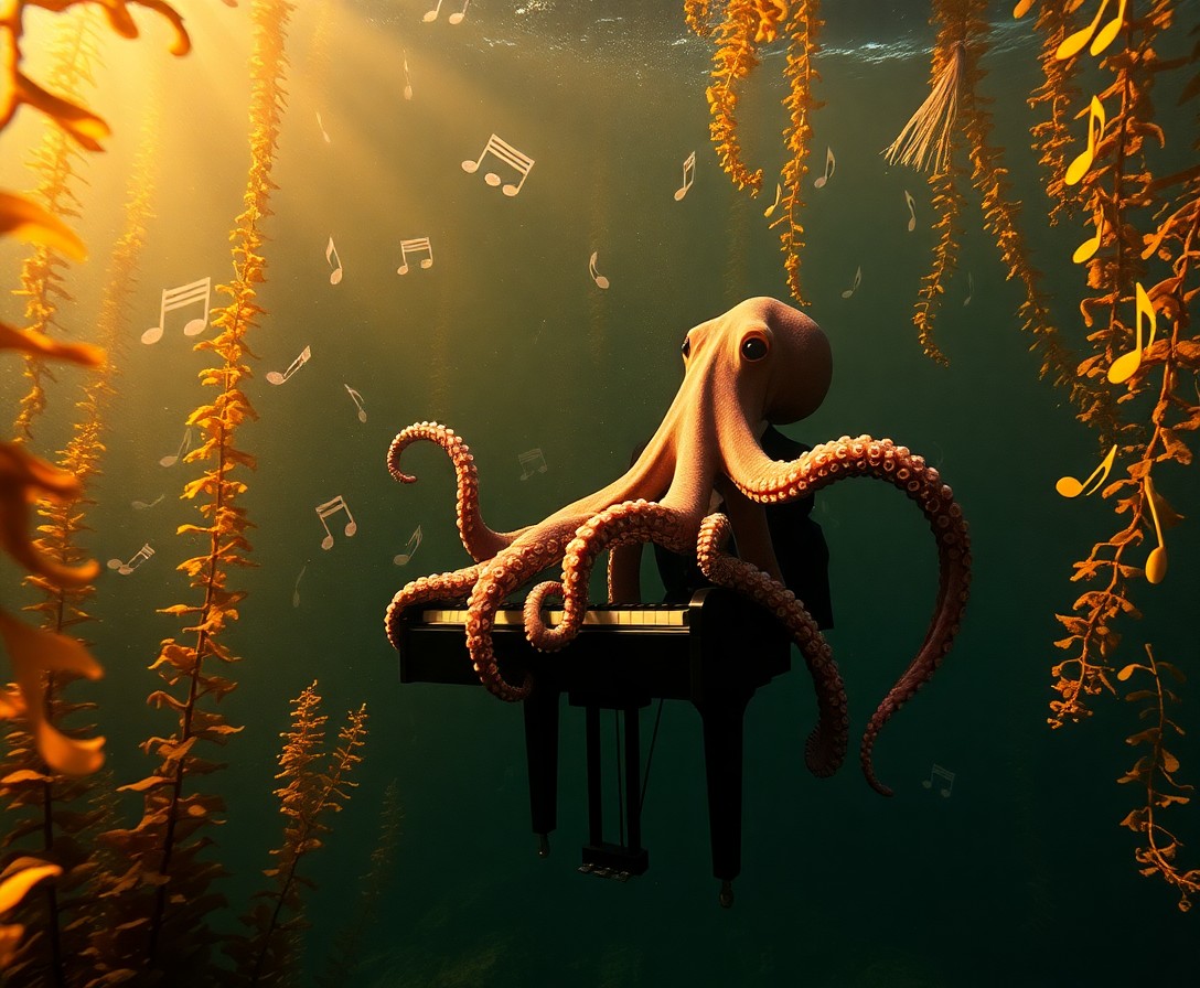 AI generated art for prompt: Imagine a dreamlike underwater realm where an octopus adorned in formal attire plays a grand piano a