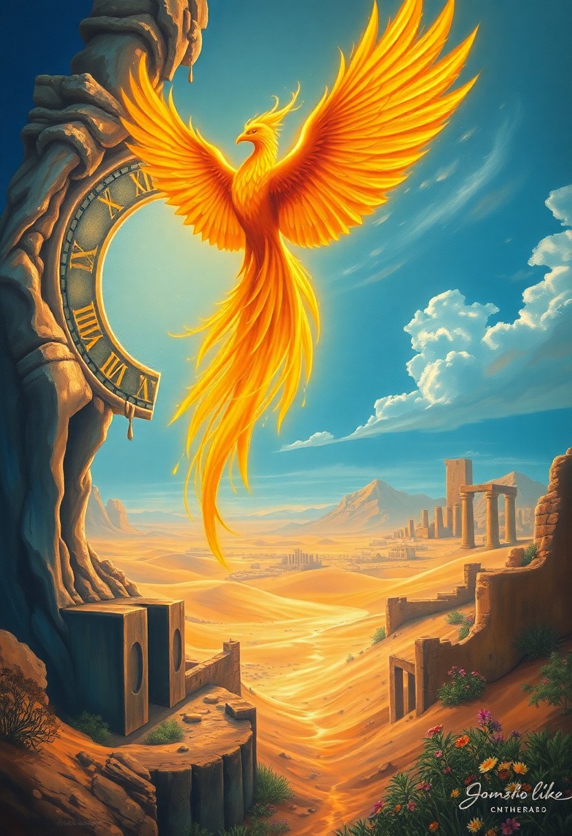 AI generated art for prompt: A surreal dreamscape painting featuring an ethereal phoenix rising from a melting clock, its fiery p