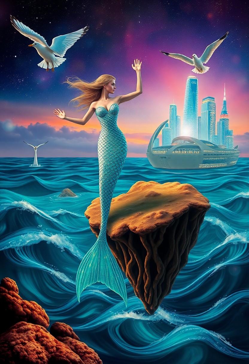 AI generated art for prompt: In a surreal dreamscape reminiscent of Dali's iconic works, an enchanting mermaid with scales shimme