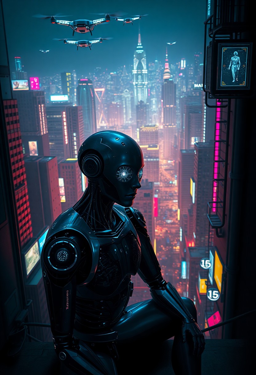 AI generated art for prompt: A sprawling futuristic metropolis bathed in neon lights emerges from the shadows, its metallic surfa