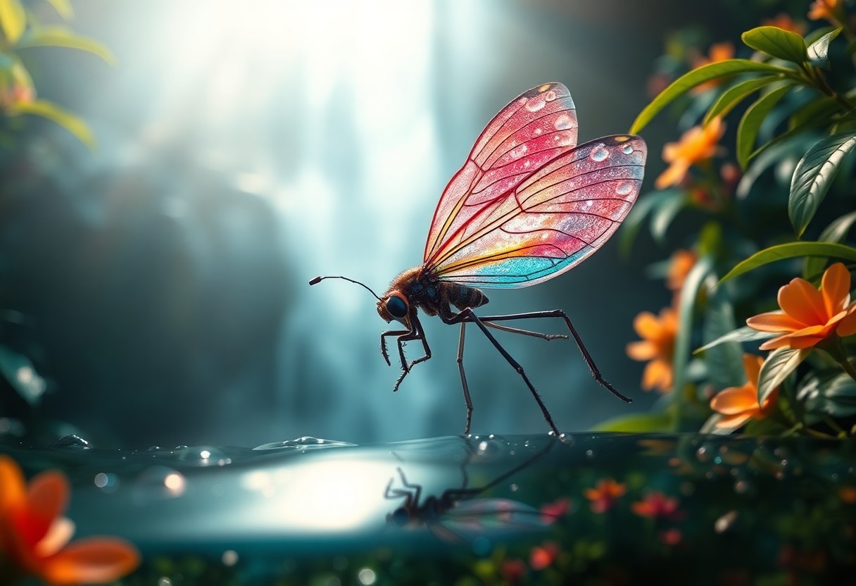 AI generated art for prompt: An ethereal insect-like creature emerges from a luminous waterfall in a misty jungle, its iridescent