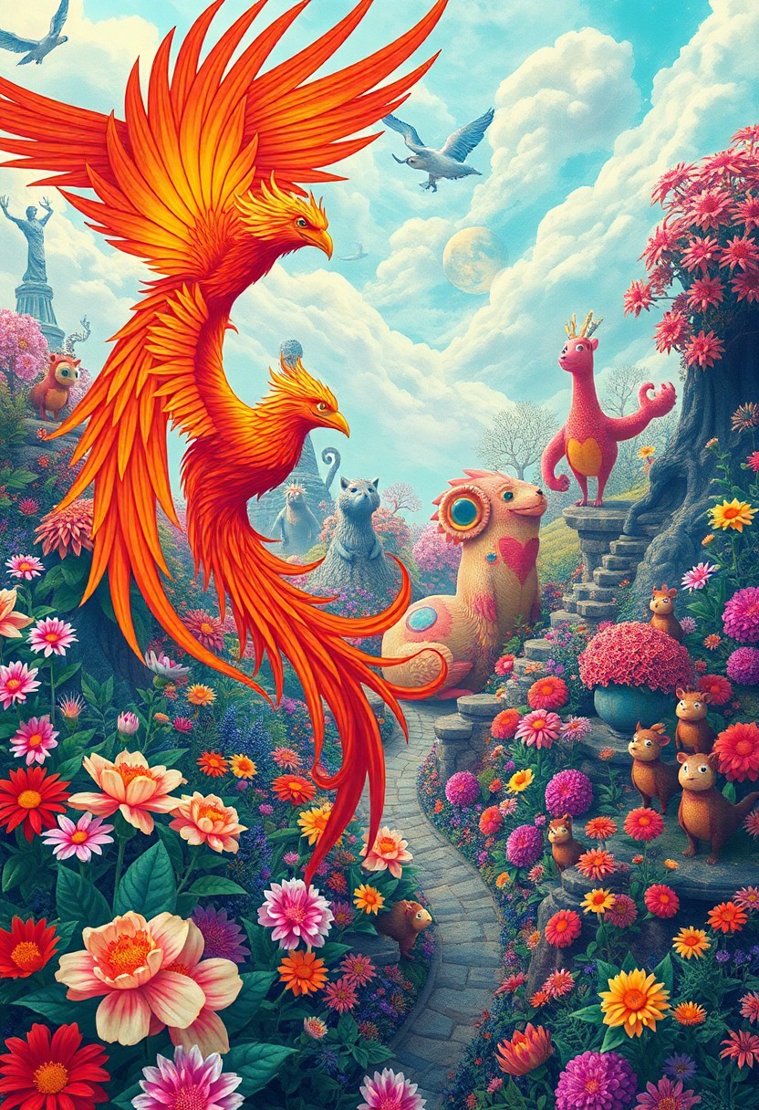 AI generated art for prompt: Craft an image showcasing a surreal and intricate garden in vivid hues, where mythical beings coexis