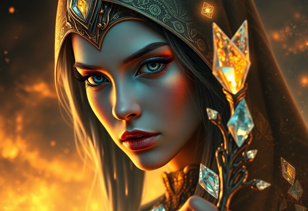 AI generated art for prompt: A mesmerizing portrait captures an enigmatic female cyber sorceress from a close-up perspective, her