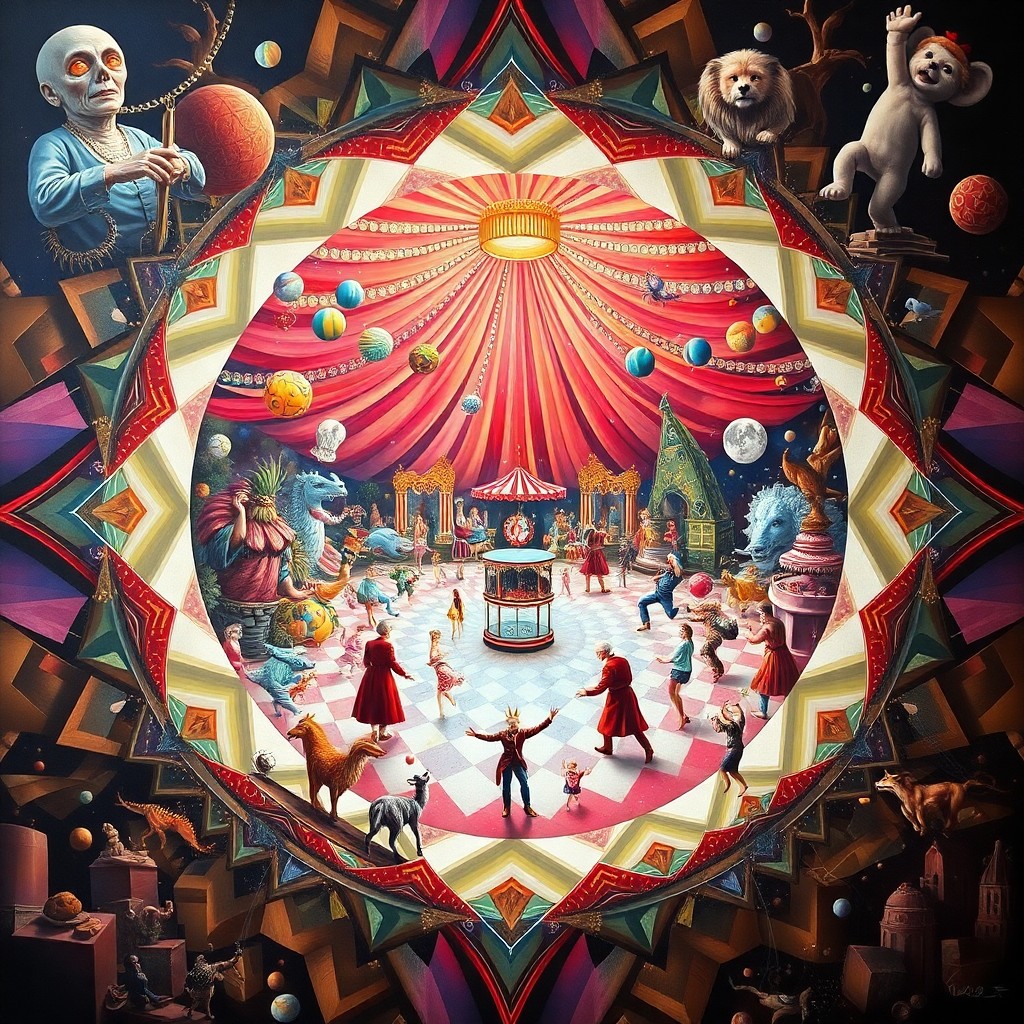 AI generated art for prompt: An enchanting surrealist painting showcases an elaborate circus scene viewed from within a colossal 