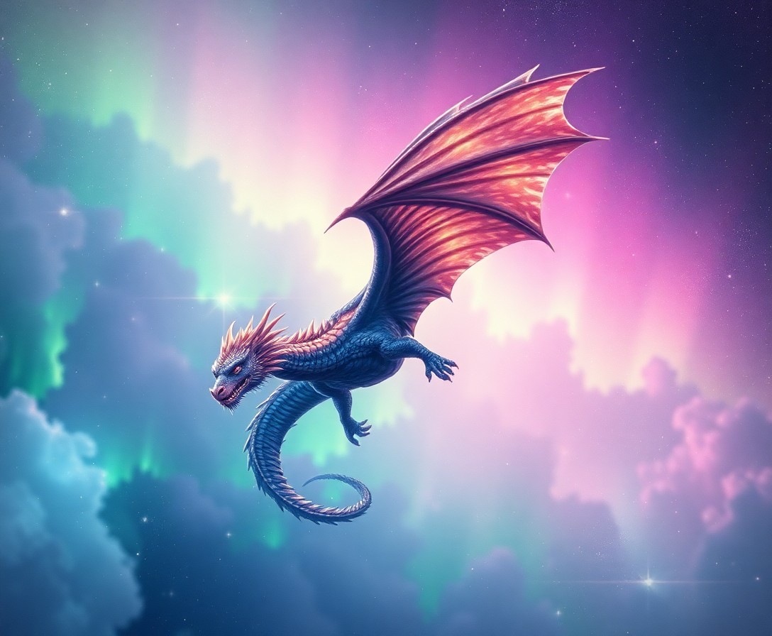 AI generated art for prompt: A breathtaking digital masterpiece portrays an awe-inspiring dragon gracefully soaring through a mes