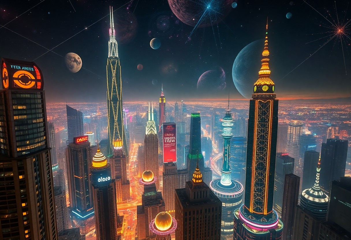 AI generated art for prompt: A surrealistic cityscape at night, where futuristic skyscrapers tower over a vibrant metropolis, bat