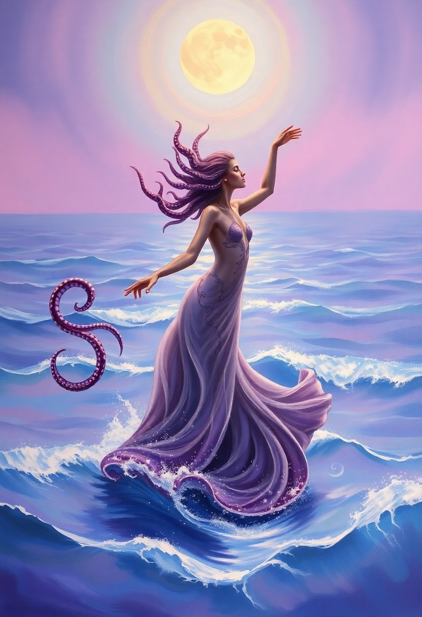 AI generated art for prompt: A mesmerizing oil painting unveils an enigmatic creature, blending human form with sinuous tentacles