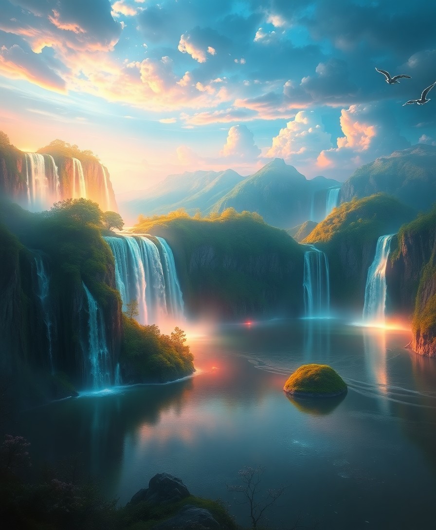 AI generated art for prompt: A captivating digital artwork depicts an otherworldly landscape where ethereal waterfalls flow with 