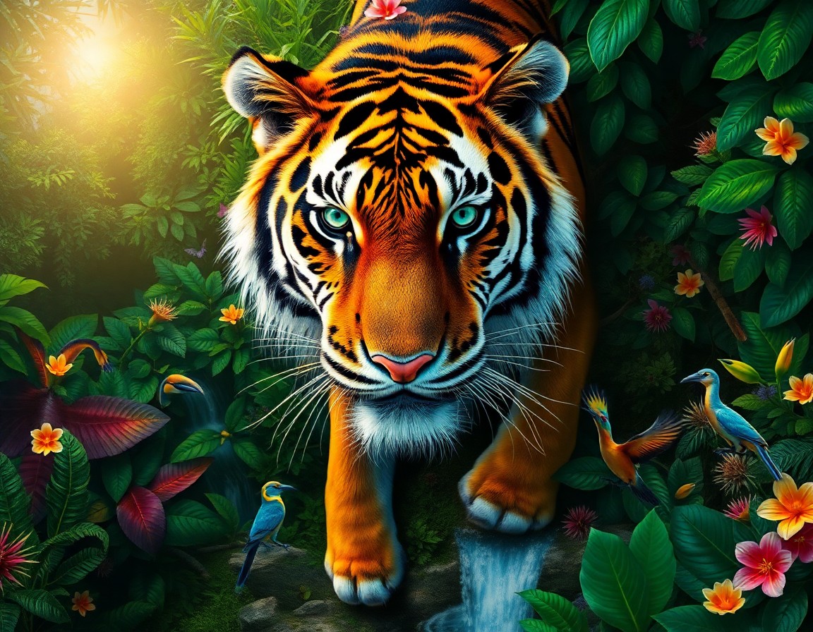 AI generated art for prompt: A majestic tiger with emerald eyes and intricate fur patterns dominates a lush jungle landscape, cap