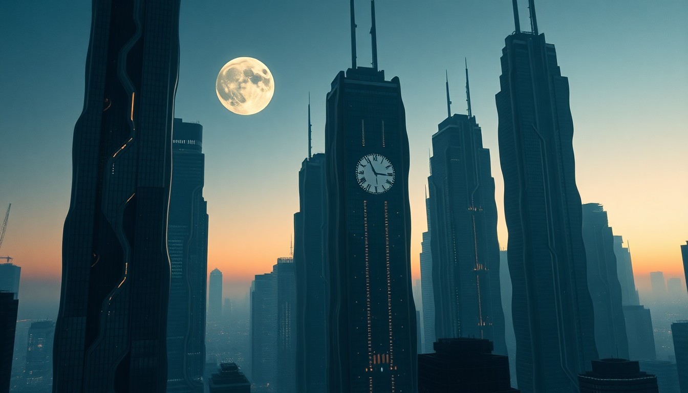 AI generated art for prompt: Craft an enigmatic digital artwork depicting a futuristic metropolis at twilight, where skyscrapers 