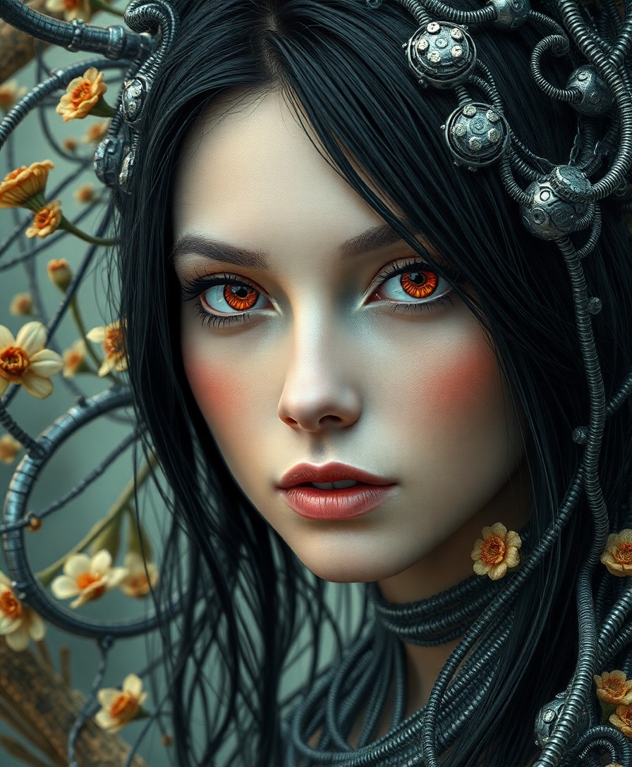 AI generated art for prompt: Create an alluring portrait in a unique biomechanical style, showcasing a young woman whose radiant 