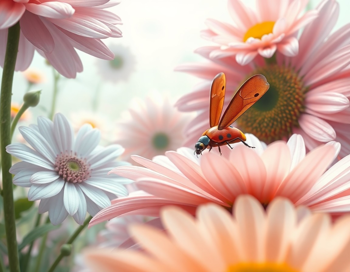 AI generated art for prompt: A mesmerizing digital artwork depicting a minuscule creature exploring an enchanting floral landscap